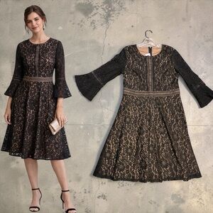 EZPopsy Black Lace Fit and Flare Dress Nude Lining Bell Sleeve Wedding Guest NWT